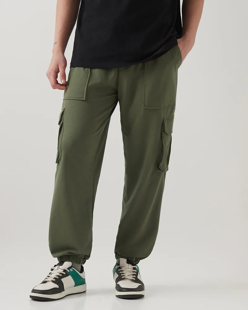 bewakoof Men's Winter Moss Green Oversized Cargo Warm Joggers